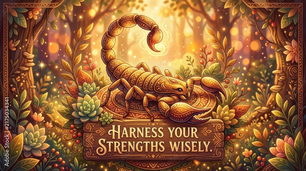 Fototapeta premium Golden Scorpion Centered in Enchanted Forest, Zodiac Symbol, Motivational Quote