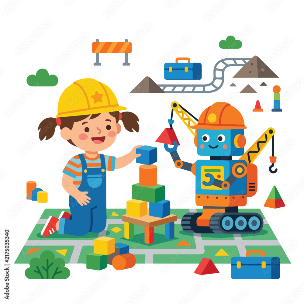 Naklejka premium A cute young girl in a hard hat plays with a toy construction robot, together building a colorful block tower on a play mat.