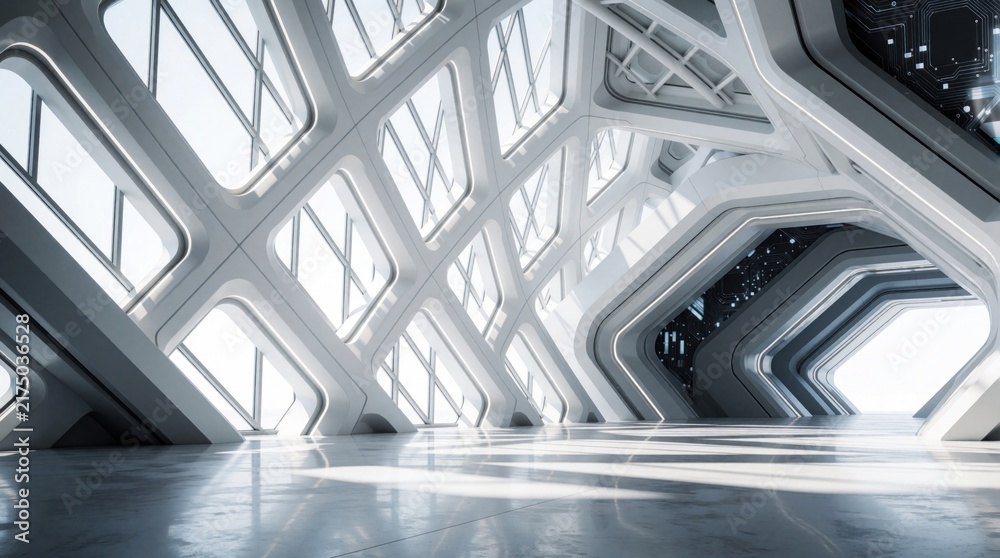 Fototapeta premium Futuristic white geometric architecture interior with large windows, bright sunlight. Minimalist empty hall features abstract shapes, sci-fi design. Modern tech space with clean lines, shadows offers