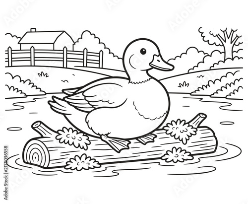 Bild auf Leinwand Cute duck sitting on floating log in pond coloring page with farmhouse background scenery