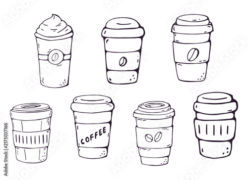 Coffee To Go Cups Set of 7 Hand Drawn Doodle Icons