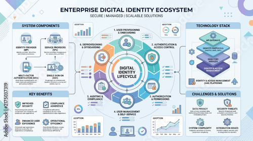 Enterprise digital identity ecosystem infographic diagram.