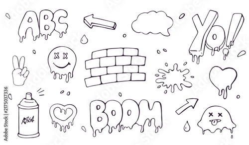 Graffiti Doodle Set with Melting Lettering and Brick Wall