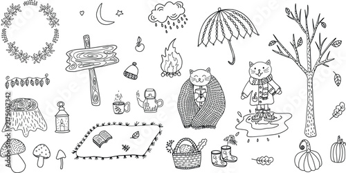 Hand drawn autumn hygge doodle set with cute cats, pumpkins, leaves, umbrella and cozy fall elements line art vector clipart. The stroke width is non-editable and cannot be changed using the Stroke pa