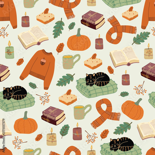 Cozy autumn hygge seamless pattern with cute sleeping black cat, pumpkin, warm sweater, books and candles background