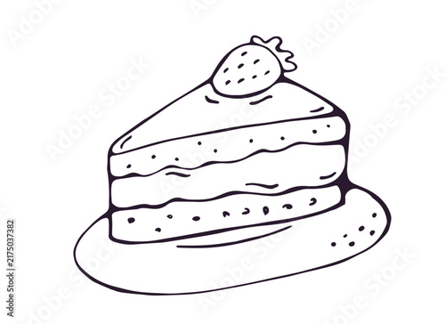  Cake Slice with Strawberry on Plate Hand Drawn Doodle