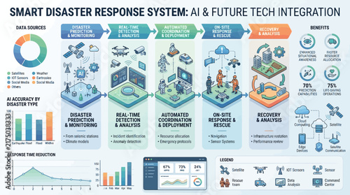 Smart disaster response system AI technology integration infographic.