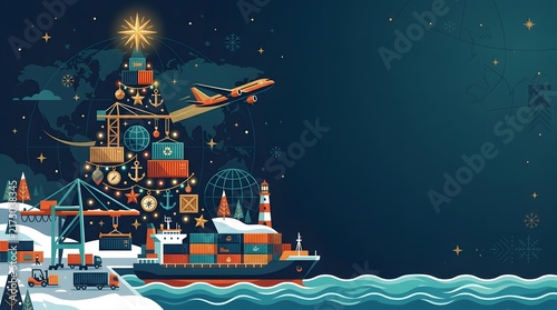 Christmas Logistics and Shipping Concept with Cargo Ship and Airplane.