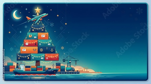 Christmas Tree Made of Shipping Containers in a Port at Night.