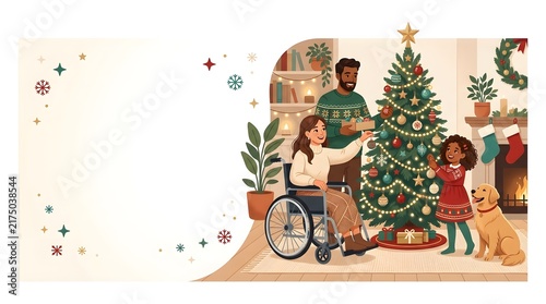 Diverse family decorating Christmas tree in cozy home setting with a dog and a person in a wheelchair.