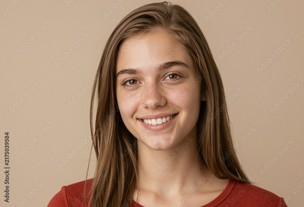 Obraz premium Portrait of Happy Young Woman with Friendly Smile on Beige Background