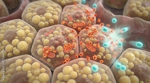 Microscopic 3D illustration of fat cells metabolism with lipid droplets and glowing molecules