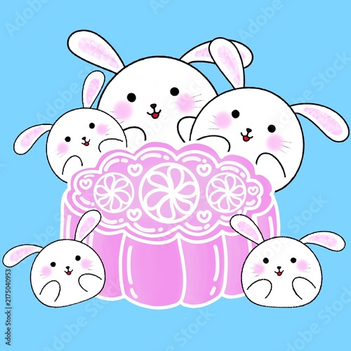 Festival moon cake with white rabbit blue background 