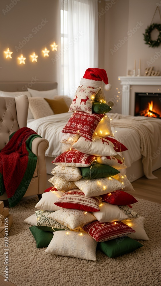 Fototapeta premium Christmas tree made of soft pillows in a cozy interior. creative holiday decor, winter home atmosphere, festive spirit. Christmas.