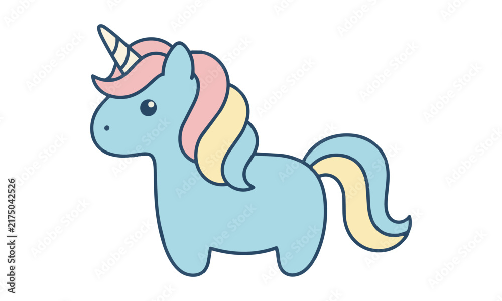 Fototapeta premium Cute friendly unicorn character in profile view with a simple flowing mane isolated on white background minimalist fantasy concept