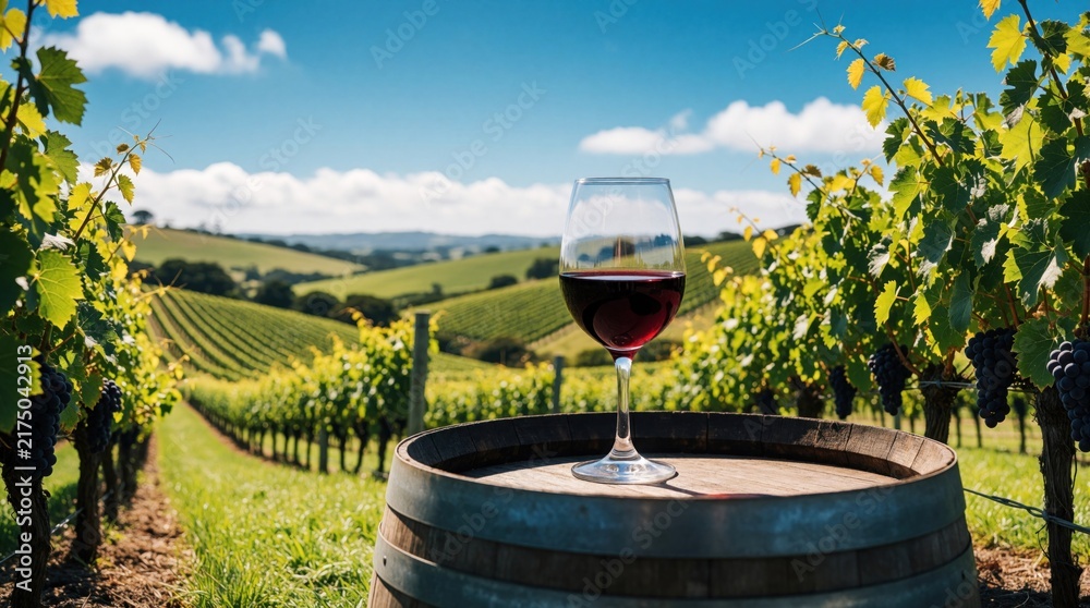 Naklejka premium Red wine glass sits on wooden barrel in vineyard landscape. Lush green grape vines with ripe clusters stretch across rolling hills under blue summer sky.