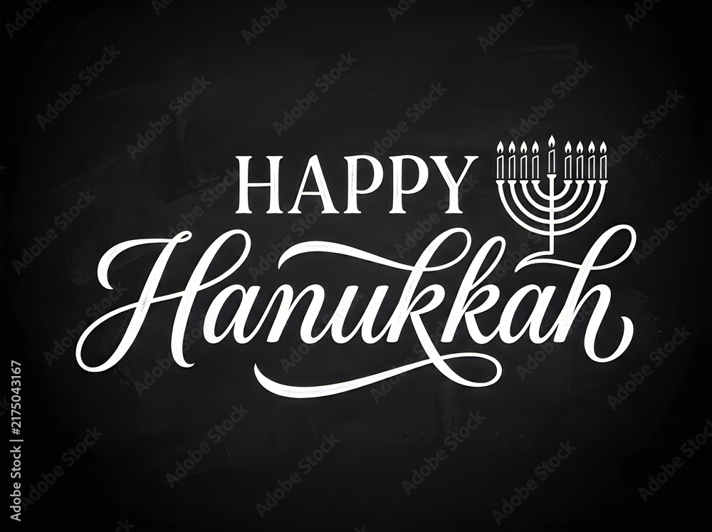 Obraz premium Happy hanukkah hand lettering typography with a menorah icon on a black chalkboard background for holiday greeting cards and festive designs