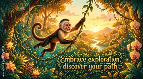 Joyful monkey swinging through a vibrant, lush jungle at sunset, with a river and mountains in the background