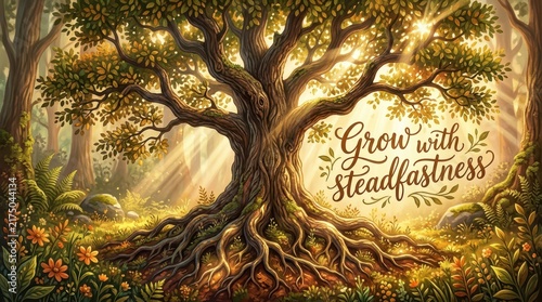 Majestic ancient oak tree with sprawling roots in a sun-dappled forest, inspiring growth and steadfastness with its enduring presence