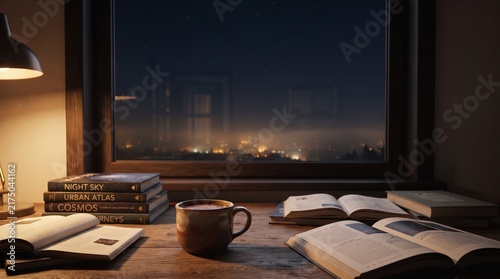 Cozy Reading Nook With Open Books and a Warm Mug Overlooking a Misty Night Cityscape