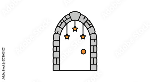 Stone arched door with hanging star decorations illustration.