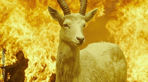 Calm White Horned Goat Stands Before Conflagration as Fiery Inferno Rages Behind