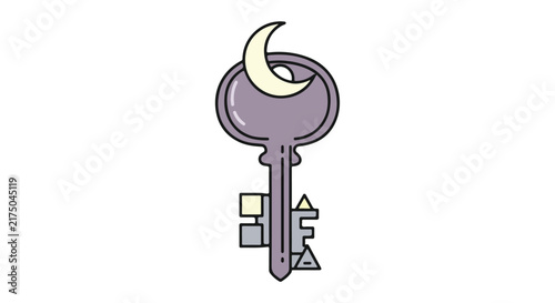 Stylized key illustration with a crescent moon symbol.