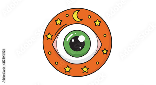 Stylized mystical eye symbol inside an orange circle with moon and stars.