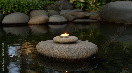 Calm Zen Stone Island with Candlelit Pebble Stack Floating on Water
