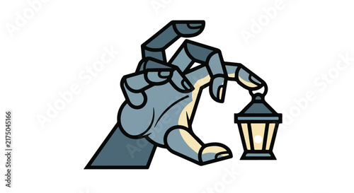 Stylized robotic hand holding a glowing lantern illustration.
