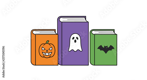 Three colorful Halloween books featuring pumpkin ghost and bat illustrations.