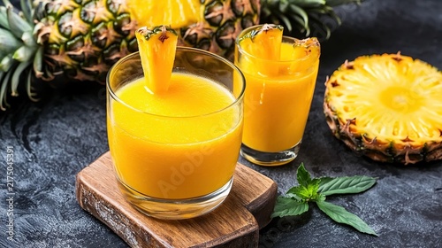 Bright Pineapple Juice Scene Featuring Two Glasses on Wood and Slate with Pineapple and Mint