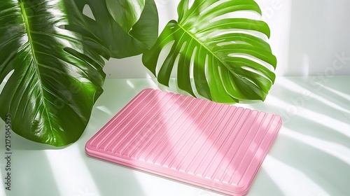 Bright Pink Striped Wallet Pouch Beside Lush Monstera Leaves in Sunlit Studio
