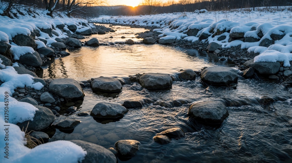 Obraz premium Tranquil brook flows through snow covered stones in winter landscape. Clear river water ripples around rocks at sunset. Cold stream moves through icy mountain scenery during golden hour. Peaceful