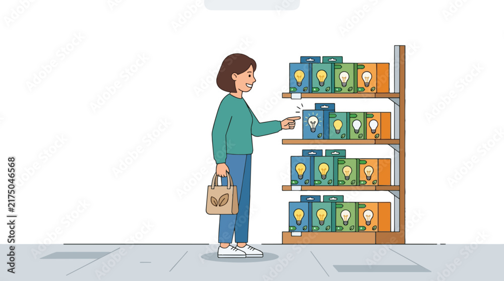 Obraz premium Woman chooses energy efficient light bulbs from a store shelf, illustration of smart shopping for eco friendly products