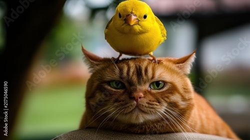 Bright yellow canary perched proudly on an orange tabby cat's head, creating a humorous animal duo