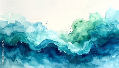 爽やかな水色とミントグリーンの水彩にじみ背景 透明感のある流動的な抽象コピースペース