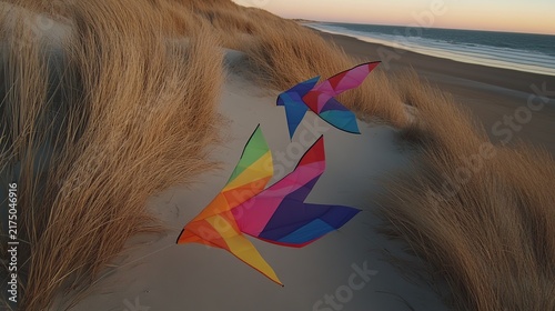Brightly colored origami shapes resting on a sandy dune path beside the beach with grasses and a clear sky