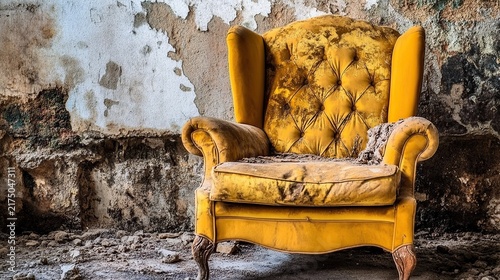 Brightly Weathered Yellow Tufted Armchair Resting Before a Crumbling Plaster Wall
