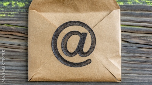 Brown kraft paper envelope featuring a large black at symbol on a rustic wooden surface