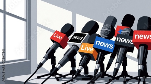 Multiple news microphones stand ready for a press event. Various media outlets gather for announcements and interviews, capturing live broadcasts and sound.