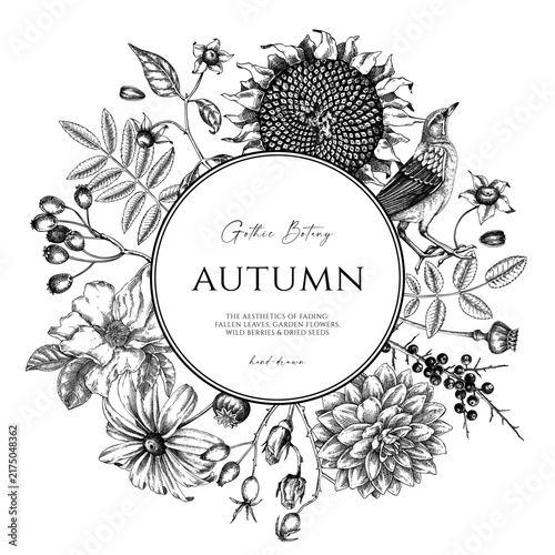 Dark botany hand-drawn background. Autumn heritage floral wreath design in vintage botanical style. NOT AI generated