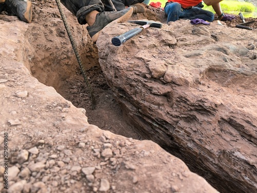 Fossil Excavation Site in Sedimentary Rock Layer