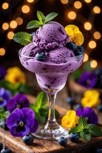 Creamy blueberry ice cream scoops served in glass goblet. Fresh mint leaves, edible pansy flowers, blueberries garnish sweet dessert. Warm bokeh lights create festive mood for summer party restaurant