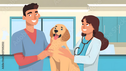 Veterinarians examining a happy golden retriever dog in a veterinary clinic vector illustration