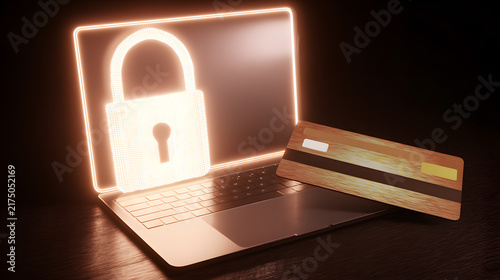 Laptop with a glowing security padlock graphic on the screen and a credit card representing online transaction security