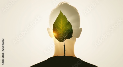 Silhouette of a person and a leaf symbolizing nature and growth in double exposure with copy space., A silhouette of a person merged with a leaf representing the connection to nature and personal