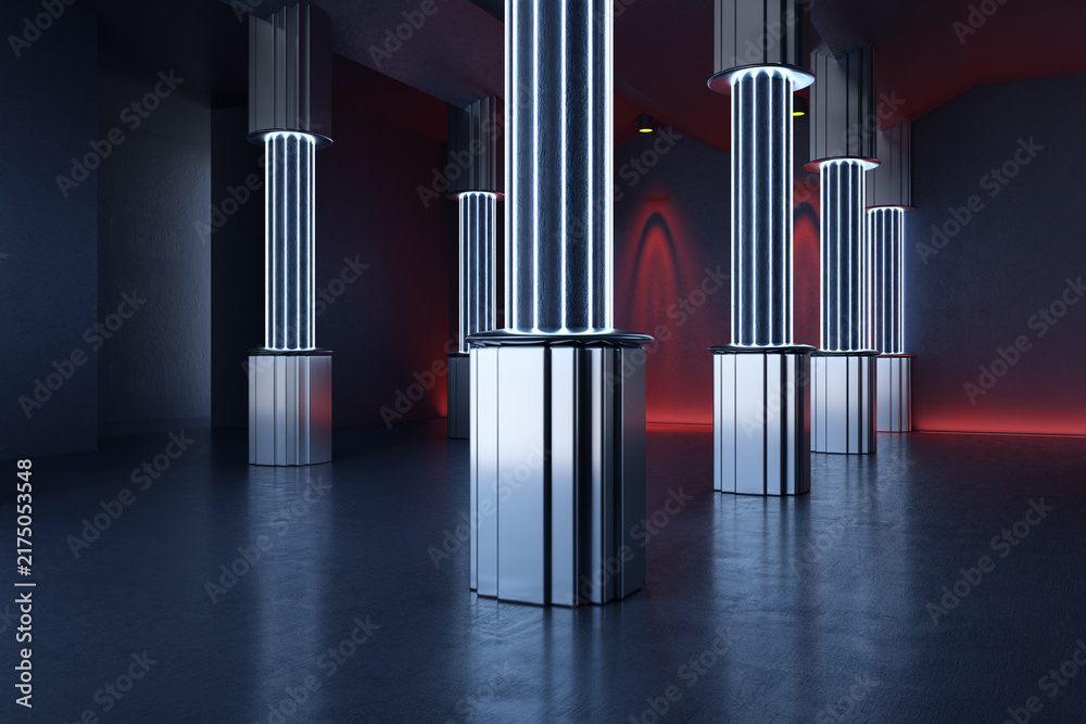 Naklejka premium Futuristic Neon Columns in a Dark Abstract Interior with Reflective Floor and Dramatic Blue and Red Architectural Lighting. 3D Rendering