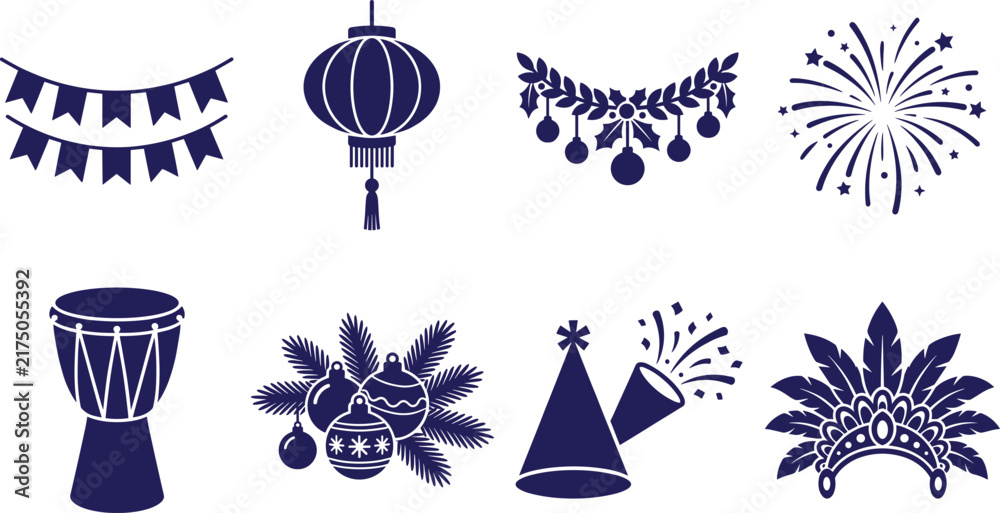 Naklejka premium Festive Event Icon Collection with Holiday Party Carnival and Festival Symbols for Creative Business Graphic Design Projects