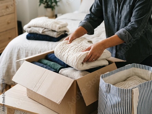 Person's hands folding knitted sweaters into fabric storage basket at home. Seasonal wardrobe organization of winter clothes. Household chores, decluttering and tidying concept